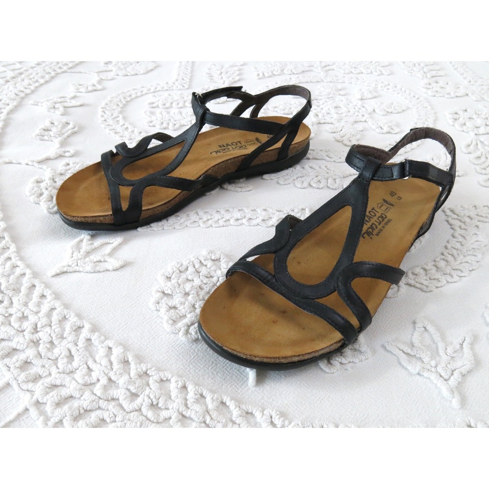 Naot Black Leather Dorith Strappy Comfort Sandals 40 9 Flat Ankle Strap